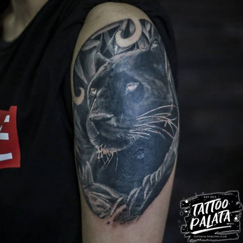 Tatuagem realista de pantera no ombro