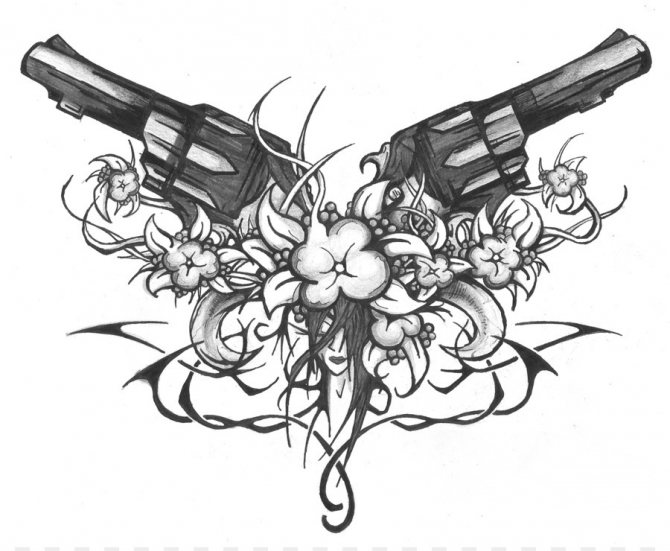 Tatuaj pentru un pistol și flori - o variație feminină de îndrăzneală