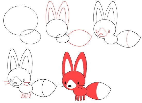 Tekening van een vos in potlood voor kinderen om te schetsen in een verhaal, fabel, geometrische vormen, symbolen