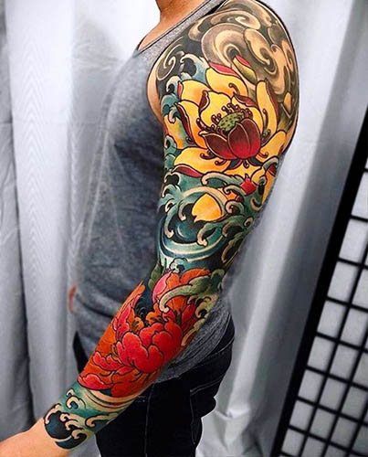 Μανίκι σε ιαπωνικό στυλ. Σχέδια τατουάζ, ασπρόμαυρα, έγχρωμα