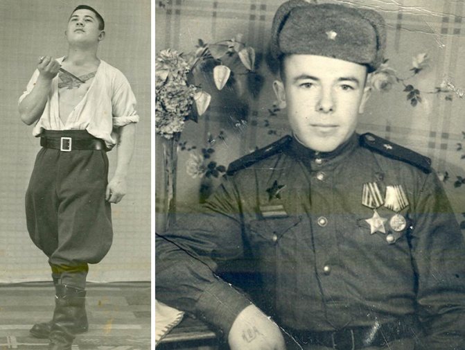 Sovietsky vojak ošetrovaný v nemocnici v Nemecku. V ruke drží trofejnú dýku a na hrudi má orla. / Účastník útoku na Berlín, vojak pózujúci v ateliéri. Na ruke má vytetované niečie iniciály.