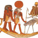 Barca sacra degli antichi egizi. Frammento di pittura murale