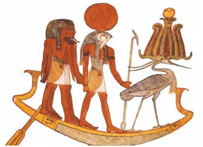 De heilige bark van de oude Egyptenaren. Fragment van een muurschildering