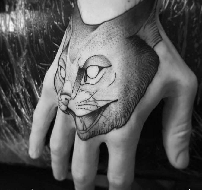 Tetovanie agresívnej mačky v štýle Dotwork