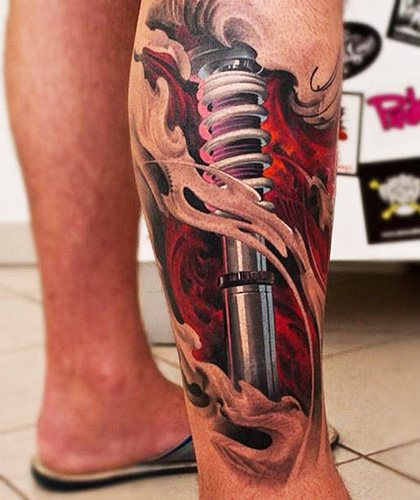 Απορροφητής κραδασμών τατουάζ στο πόδι. Φωτογραφία, νόημα, σκίτσα