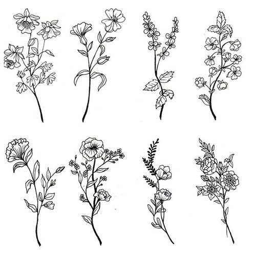 Tatuagem de flores. Esboços de preto e branco, cor no braço, clavícula, coxa