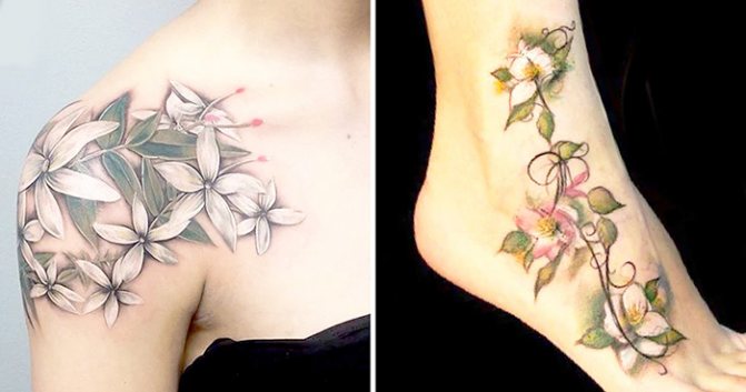 Tatuoinnin kukat. Mustavalkoiset luonnokset, värilliset käsivarteen, solisluuhun, jalkaan, reiteen ja reiteen.