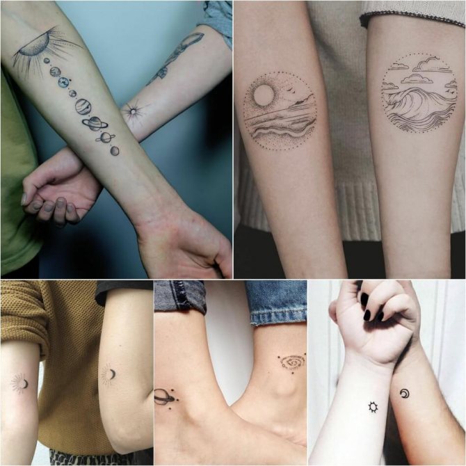 Tetovanie pre dvoch - Tetovanie v jednom štýle - Tetovanie nebeských telies - Tetovanie páru slnko