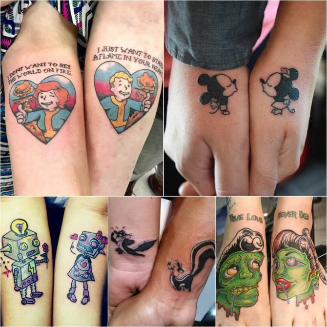 Tetovanie pre pár - Tetovanie v jednom štýle - komiksové tetovanie - kreslené tetovanie - tetovanie pre milovníkov