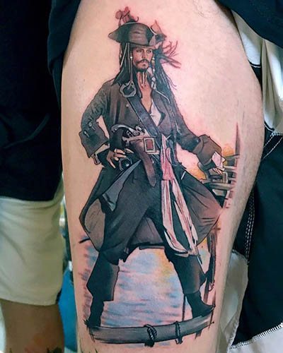 Jack Sparrow' tätoveering käel, seljal, õlal. Foto, tähendused
