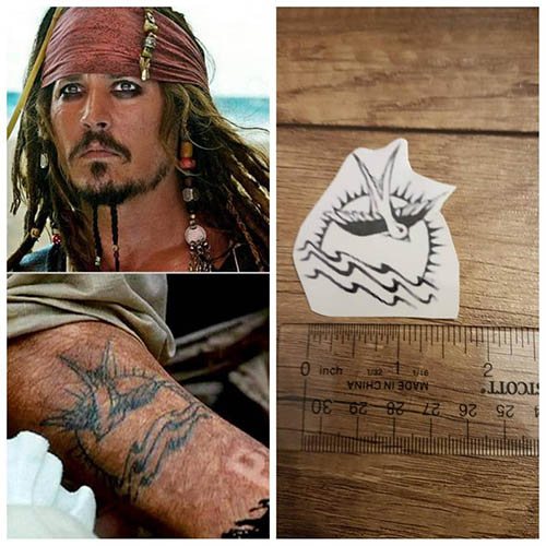 Tatovering af Jack Sparrow på arm, ryg og skulder. Foto, betydninger