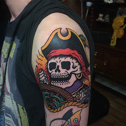 Tatuaj cu Jack Sparrow pe braț, pe spate, pe umăr. Fotografie, semnificații