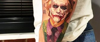 Tatuaggio del Joker sul braccio, avambraccio, gamba. Schizzi, foto, significato