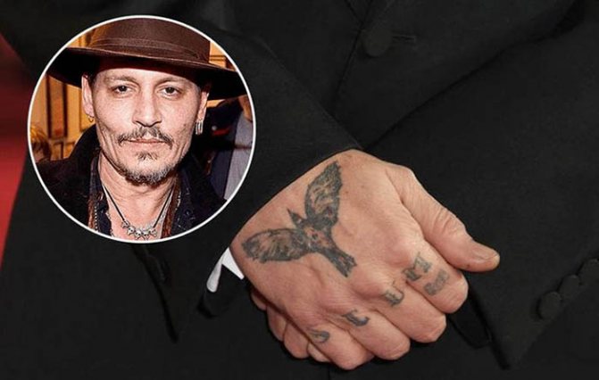 Johnny Depp-tatovering. Billeder på hans arm, ryg og hånd
