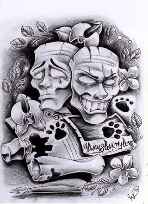 Σκίτσα τατουάζ στο χέρι μαύρο και άσπρο, δύο μάσκες