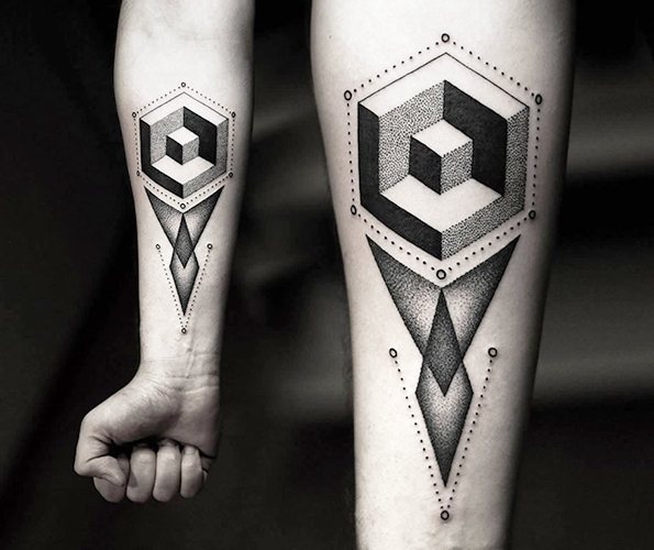 Tatuaj geometric pe braț. Schițe pentru fete, bărbați, color, alb-negru și alb-negru