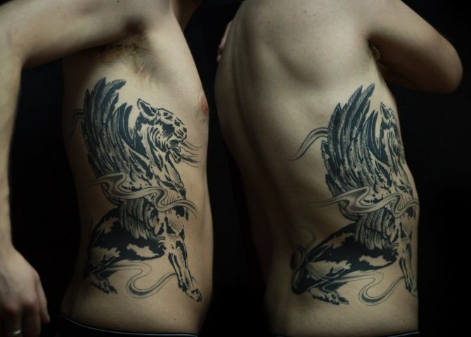 Tetoválás griffmadár a férfi oldalán