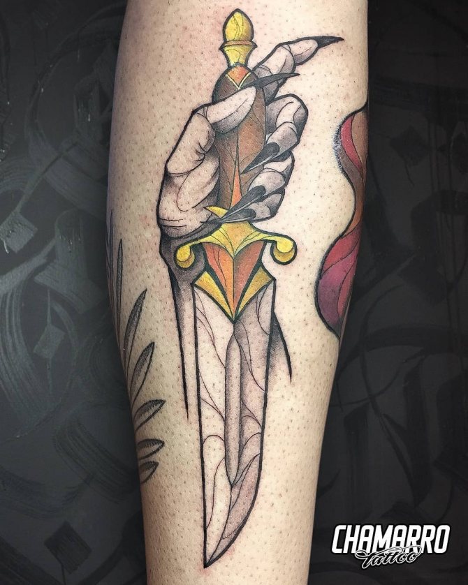 Dagger Skull Stabbed Leg Tattoo