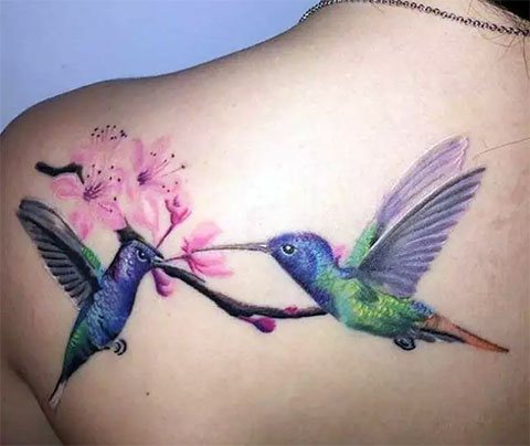 Kolibrík tetovanie na chrbte dievčat