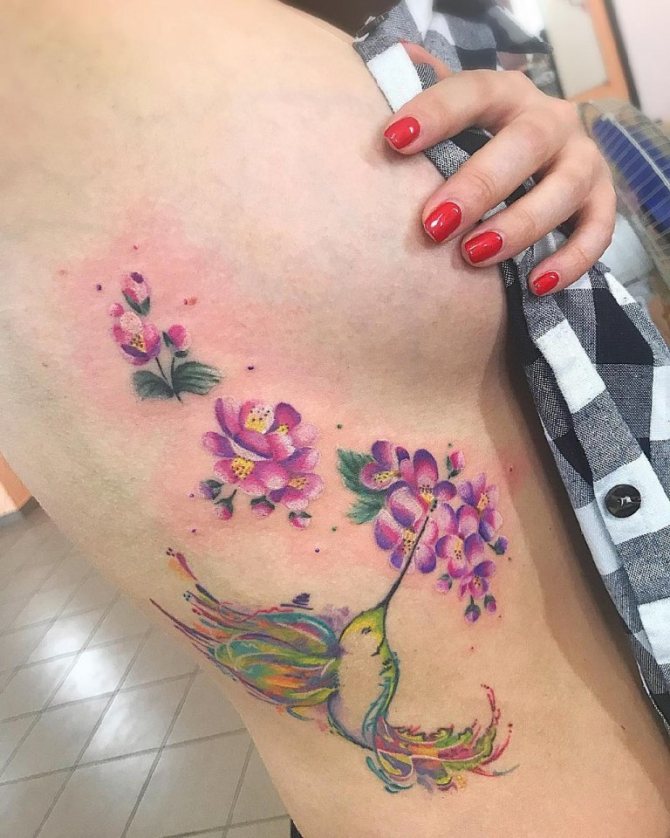 Tatuiruotė kolibris su gėlėmis