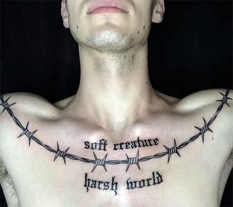 Spygliuotos vielos tatuiruotė ant krūtinės, raktikaulio, pečių - nuotrauka