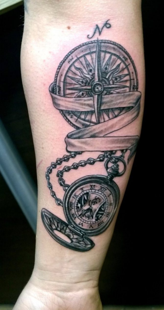 タトゥーのコンパスと時計：意味、男性用と女性用のスケッチ