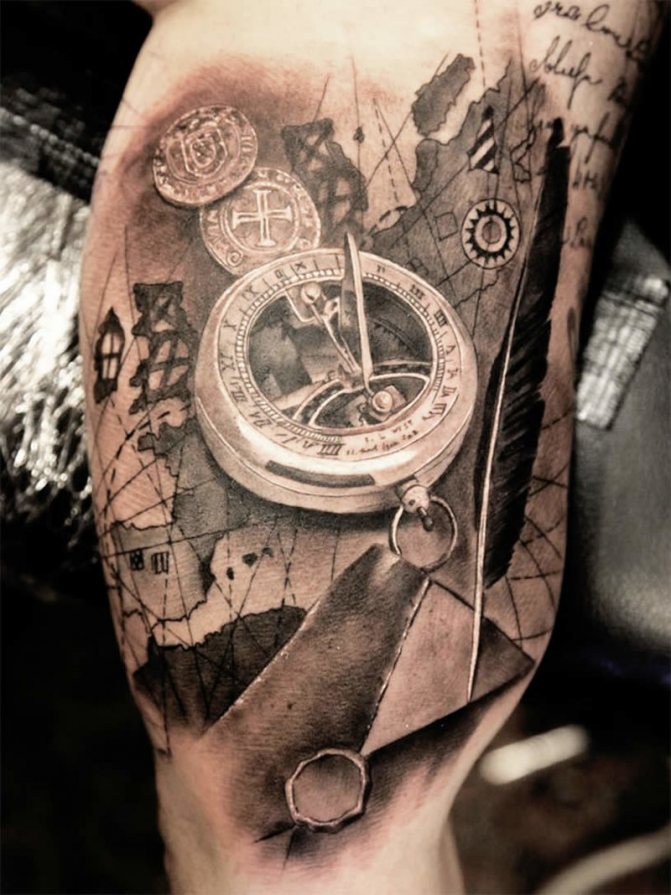 Tattoo Kompas og ur: Mandlig og kvindelig betydning, Skitser