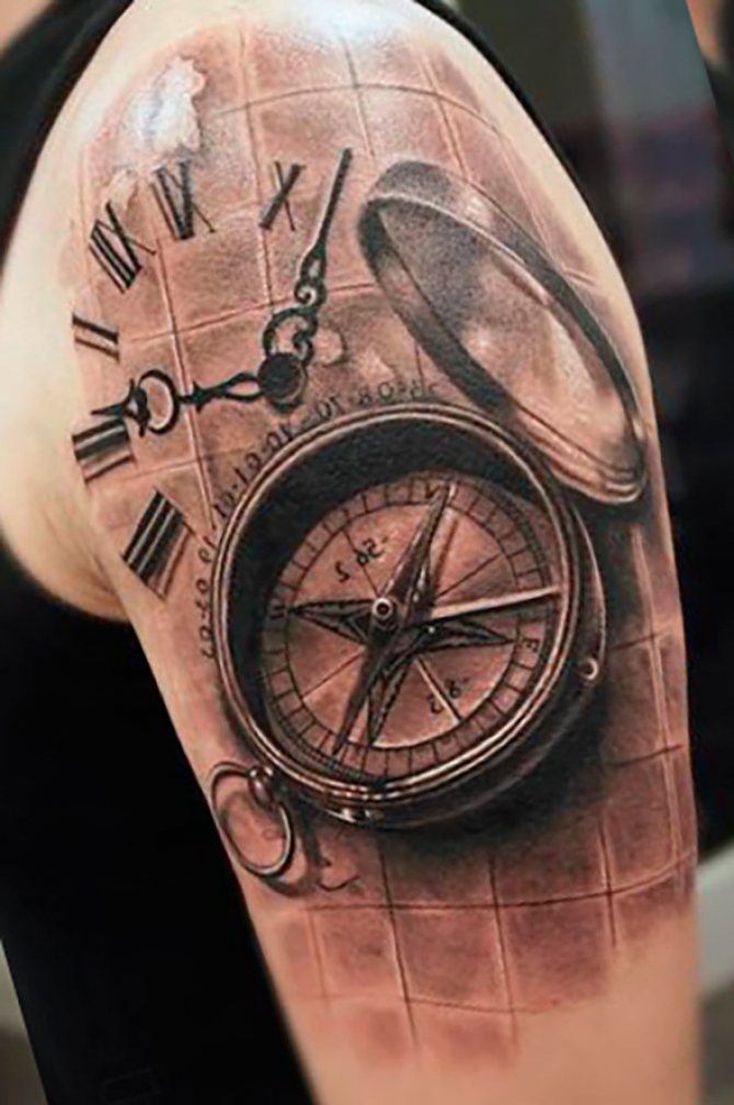 Tattoo kompas en horloge: betekenis, mannelijke en vrouwelijke schetsen