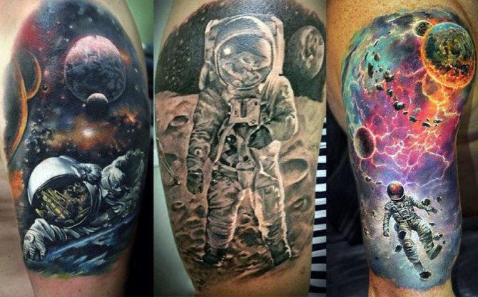 胳膊上的纹身宇航员。草图、意义、照片