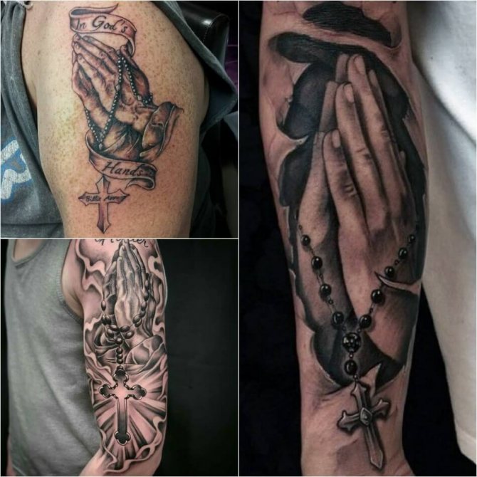 Татуировка кръст - Популярни комбинации на кръст - Кръст и други рисунки - Татуировка на ръце, които се молят с кръст