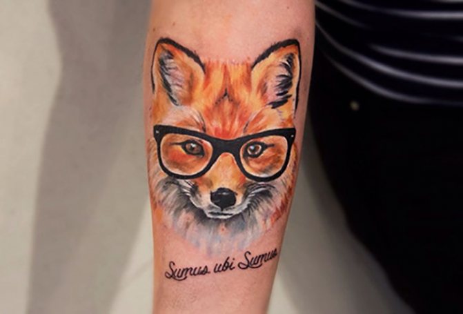 Tatuaggio di una volpe sul braccio con gli occhiali