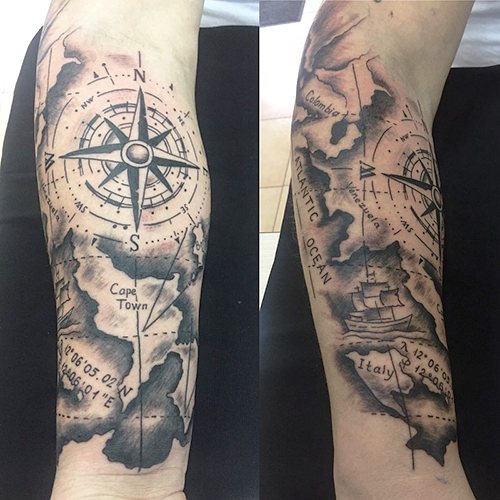 Tatuiruotė jūrine tema. Nuotraukos, eskizai, rankovės ant kojų, rankų, blauzdų, nugaros, riešo, prasmės