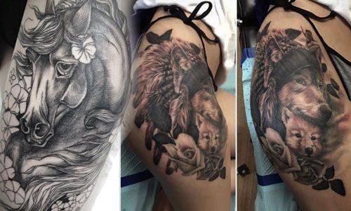 Tattoo auf der Hüfte für Mädchen, Foto. Schöne Muster, Spitzen, Blumen, Skizzen, Inschriften mit Übersetzung