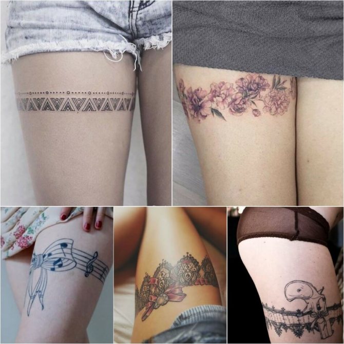大腿上的纹身 - 女孩大腿背面的纹身 - 带枪的吊袜带纹身
