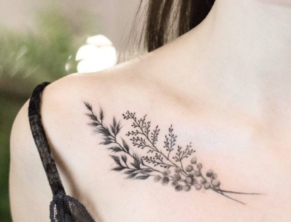 女孩锁骨上的纹身。素描、女性书法、图案、鸟、花、星星