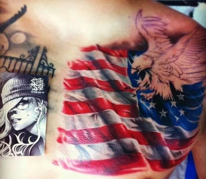 Tattoo of an eagle with a flag