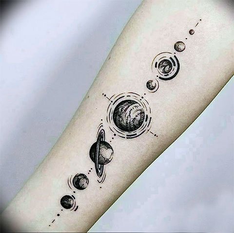 Tattoo parade van planeten bij de hand