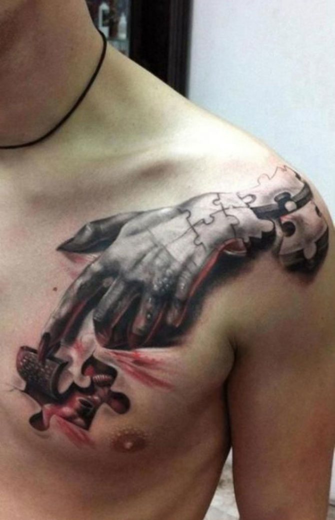 Puzzle tetovanie na mužskej kľúčnej kosti