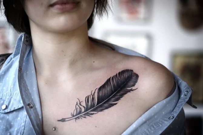 Tetování peří na klíční kosti - Ženy tetování klíční kosti pírko