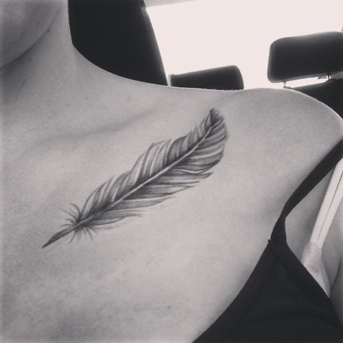Tattoo Feder - Bedeutung in Mädchen mit Wort, Vögel, Pfau auf Bein, Arm, Handgelenk, Bauch, Hals, Rücken, Schlüsselbein, an der Seite