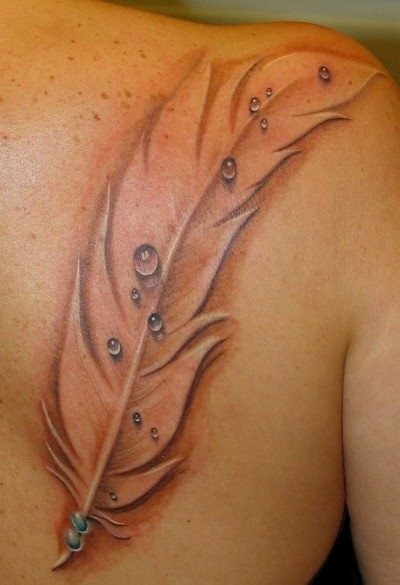 Tattoo Feder - Bedeutung in Mädchen mit Wort, Vögel, Pfau auf Bein, Arm, Handgelenk, Bauch, Hals, Rücken, Schlüsselbein, an der Seite