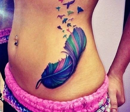 Τατουάζ ενός φτερού - έννοια σε ένα κορίτσι με μια λέξη, πουλιά, παγώνι σε ένα πόδι, χέρι, καρπό, στομάχι, λαιμό, πλάτη, κλείδα, στο πλάι