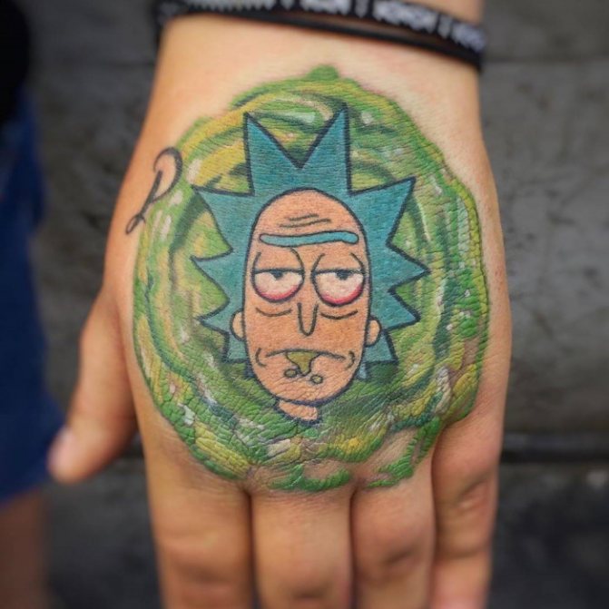 Tatuaggio di Rick e Morty. Tatuaggi in bianco e nero su braccio, gamba, mano, costole, foto