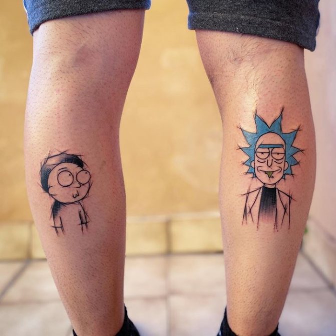 Tatuaggio di Rick e Morty. Bianco e nero su braccio, gamba, mano, costole, foto