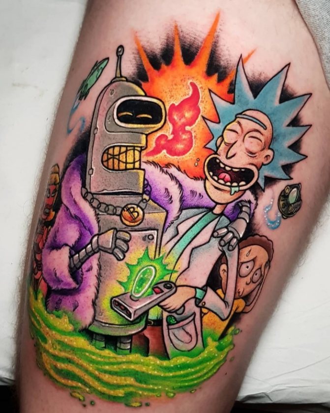 Татуировка на Рик и Морти. Черно-бели татуировки на ръка, крак, ръка, ребра, снимка