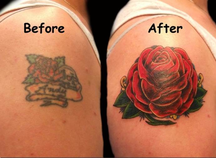 ruusu tatuointi olkapäässä