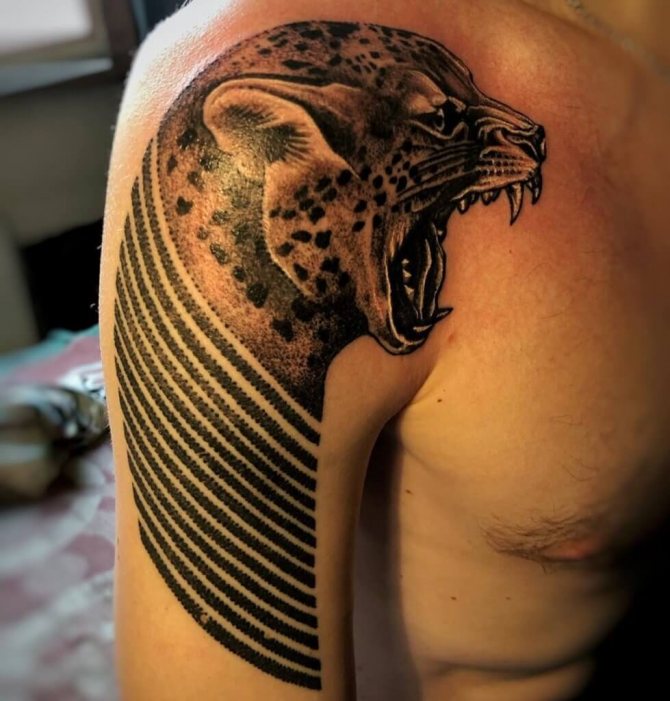 tatuiruotė ant peties su šnypščiančiu leopardu