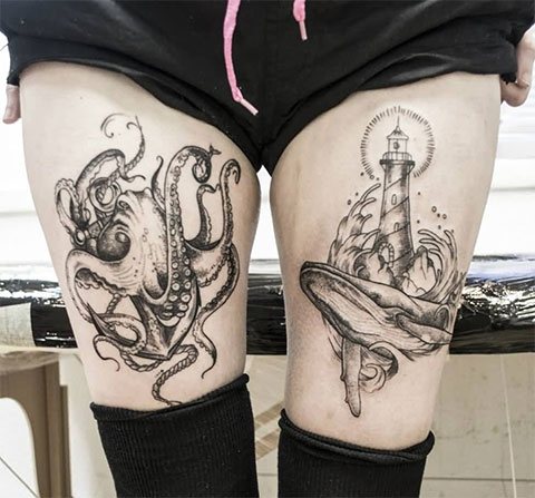 Aštuonkojo tatuiruotė ant kojos - moterų tatuiruotė