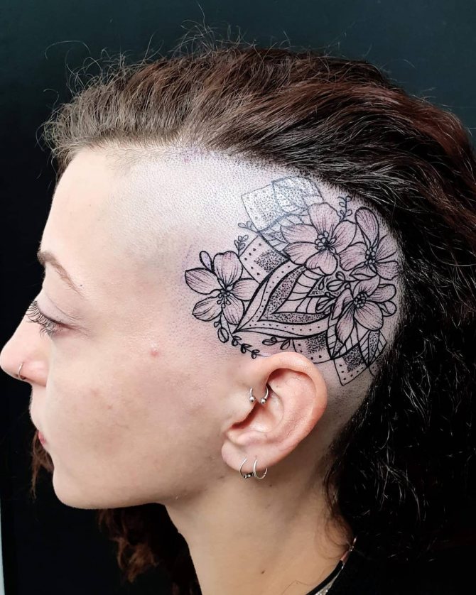 女性の頭に桜と曼陀羅のタトゥー
