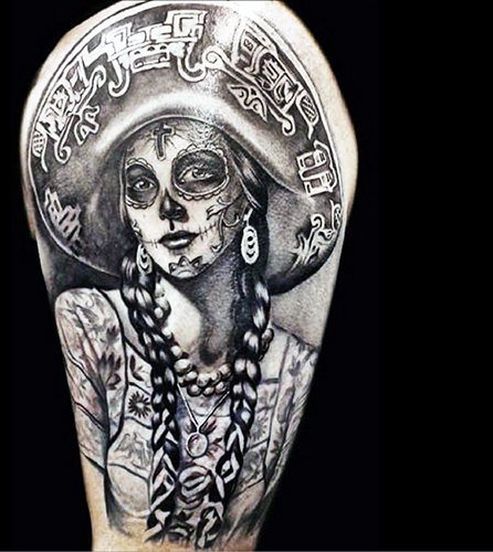Tatouage de la Santa Muerte chez les femmes, les hommes. Signification, dessins, photos